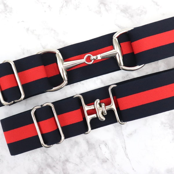 1.5 inch elastic equestrian belt / Navy / Red stripe