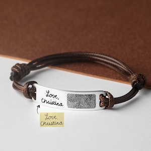 Fingerprint Leather Bracelet With Handwriting,Bracelet for Him, Thumbprint Jewelry, Loss of Loved One, Remember Dad Presents