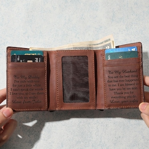 Billetera triple grabada, billetera triple personalizada, regalo para hombres, regalos de cuero para papá, billetera para hombres, regalo para esposo