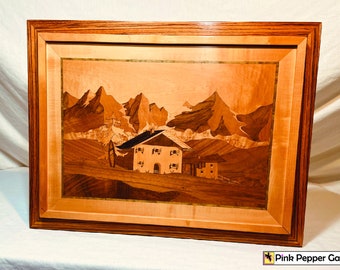 Landelijk berghuis - Zwitsers houtfineerschilderij - Handgemaakt uit de jaren 70