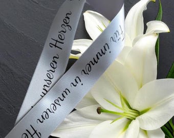 Trauerband Silber schwarz Satinband personalisiert - stilvoll und dezent - Kurzband für den letzten Gruß