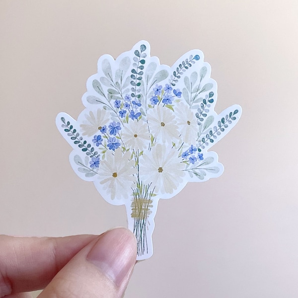 Floral Sticker, Blue Bouquet Sticker, Watercolor Style Cute Stickers, Matte Vinyl Sticker