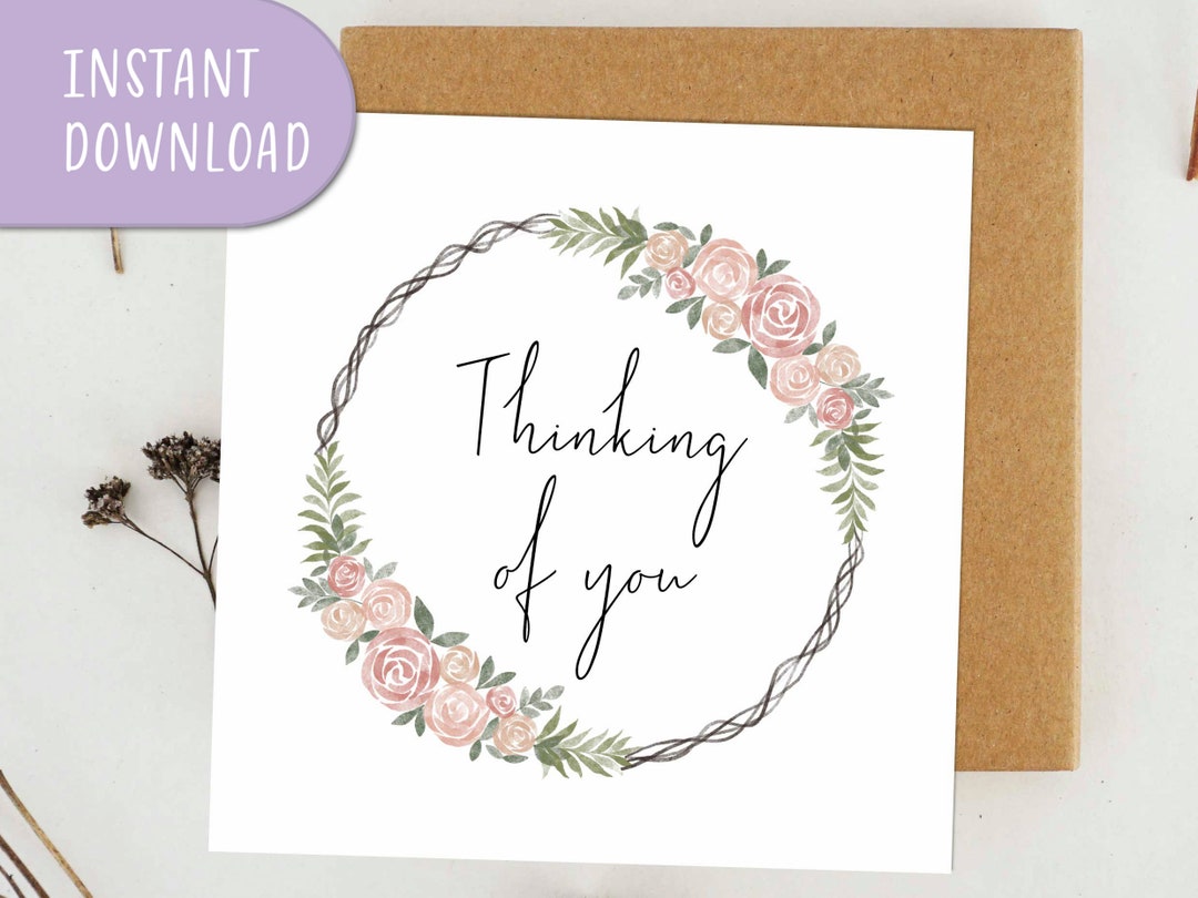 Thinking of You Wreath Card Folded, Watercolor Rose Wreath Greeting ...