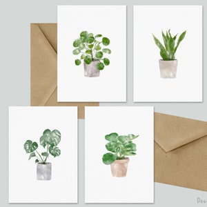 Juego de tarjetas de plantas en macetas de 4, tarjetas de plantas, tarjetas de acuarela de plantas, tarjetas para mamá de plantas, tarjetas de felicitación en blanco en el interior, tarjetas con sobre