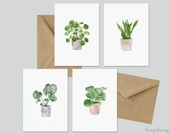 Cartes de plantes en pot Ensemble de 4, Cartes de plantes, Carte de plantes aquarelle, Carte pour maman de plantes, Carte de vœux vierge à l’intérieur, Carte avec enveloppe