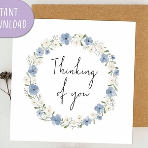 Thinking of You Card, Blue floral Wreath Greeting Card, Thinking of You gift, Printable Card | Digital Download