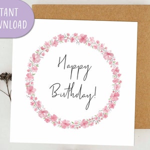 Carte de guirlande de joyeux anniversaire pliée, carte de voeux aquarelle fleur de cerisier, carte de joyeux anniversaire, carte imprimable | Téléchargement numérique