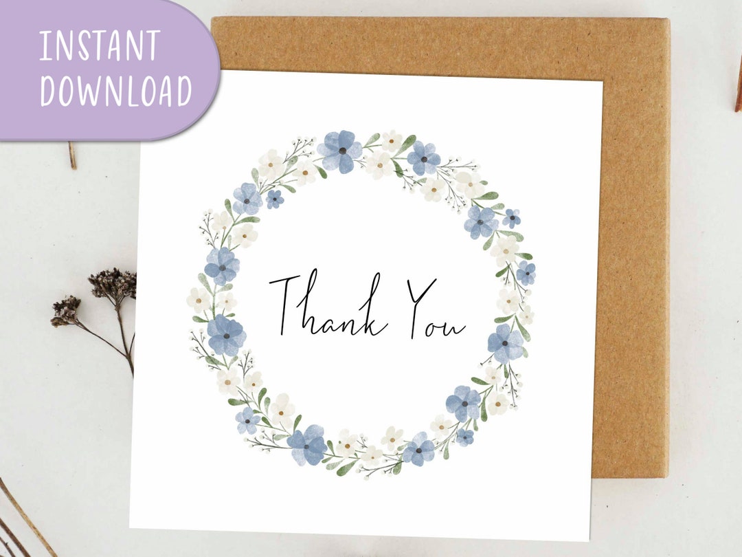 Thank You Wreath Card Folded, Watercolor Floral Greeting Card, Square ...