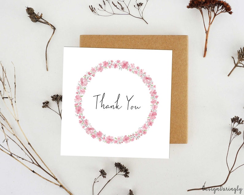 Thank You Wreath Card Folded, Watercolor Cherry Blossom Greeting Card ...