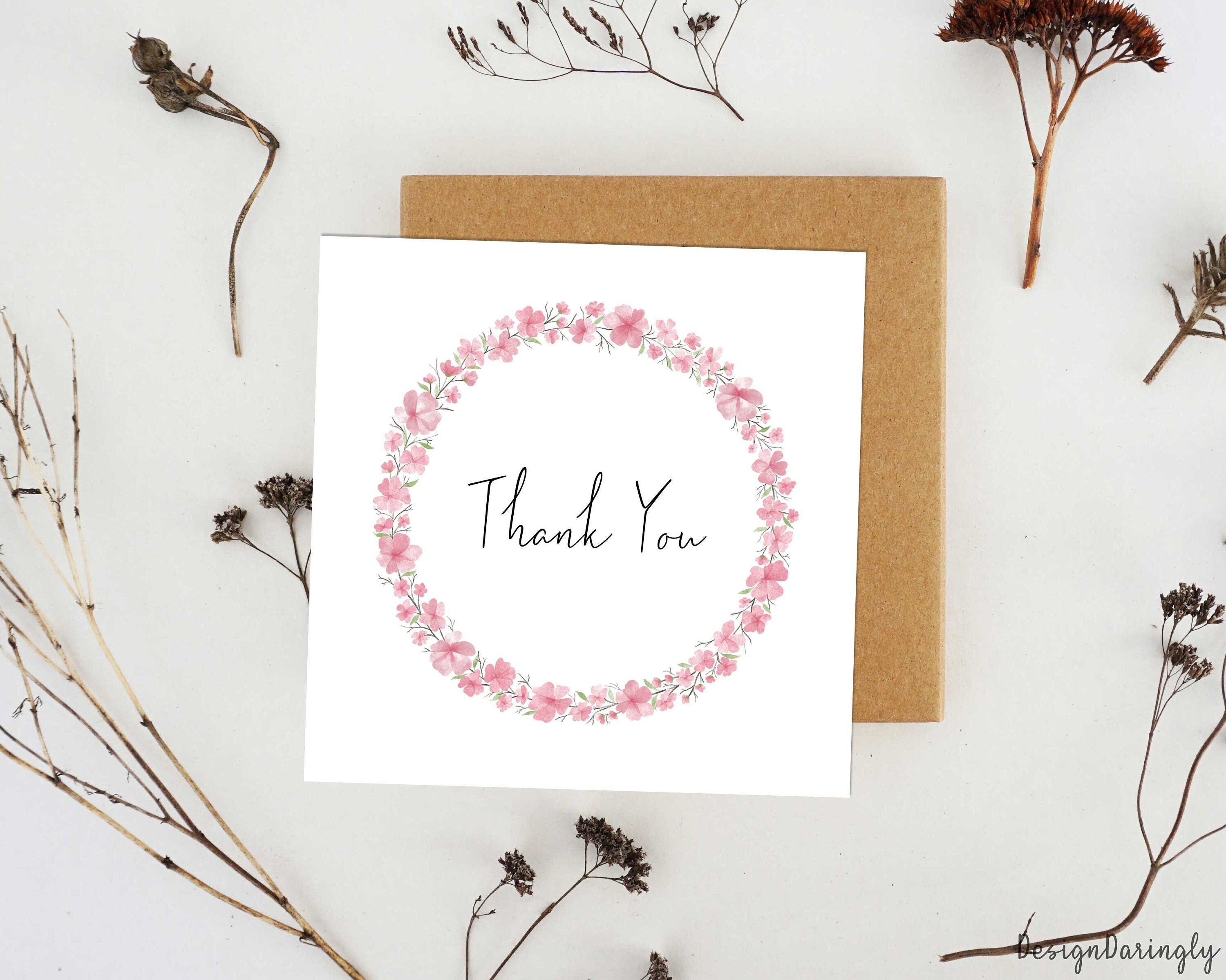 Thank You Wreath Card Folded, Watercolor Cherry Blossom Greeting Card ...