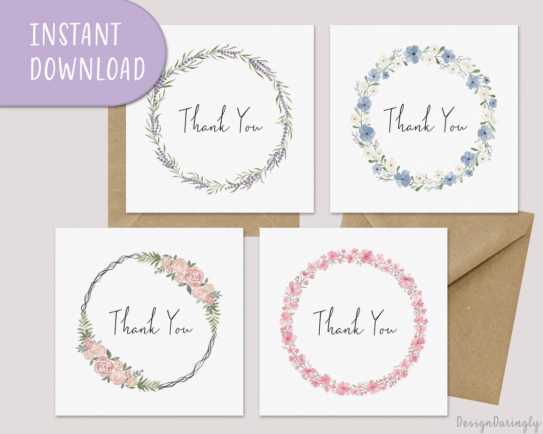 Thank You Cards, Wreath Card Set, Card for Gratitude, Watercolor Floral ...