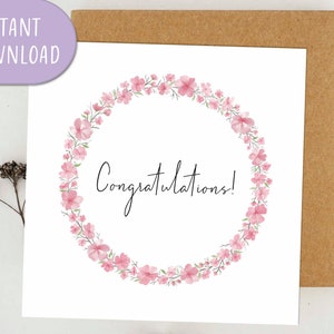 Congratulations Wreath Card Folded, Watercolor Cherry Blossom Greeting Card, Square Greeting Card, Printable Card | Digital Download