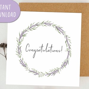Carte de félicitations, carte de voeux couronne de lavande, carte de mariage, carte de voeux carrée, carte imprimable | Téléchargement numérique