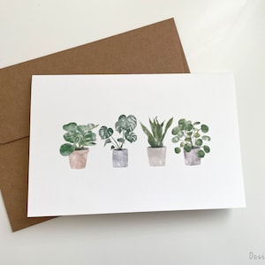 Tarjeta de felicitación del conjunto de plantas en macetas, tarjeta de felicitación de la planta, tarjeta de felicitación de la planta interior de la acuarela, tarjeta con sobre, interior en blanco