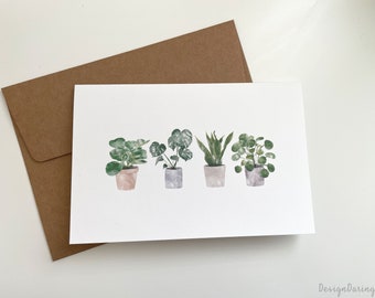 Potted Plant Set Greeting Card, Plant Greeting Card, Watercolor Indoor Plant Greeting Card, Card with Envelope, Blank Inside
