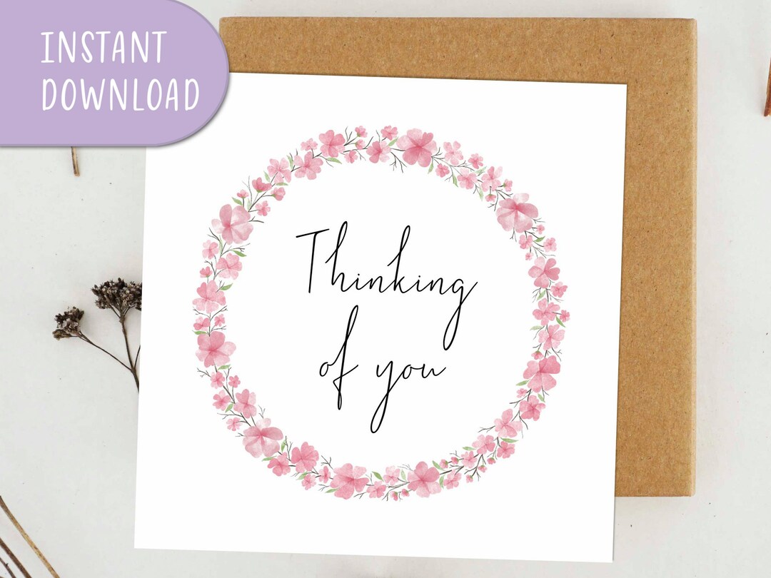 Thinking of You Wreath Card Folded, Watercolor Cherry Blossom Greeting ...