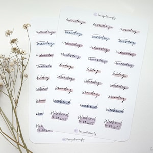 Feuille d&#39;autocollants en lettres cursives pour les jours de la semaine, feuille d&#39;autocollants pour l&#39;organisation de l&#39;agenda minimaliste, autocollants couleur Morandi, étiquettes autocollantes pour journaux intimes