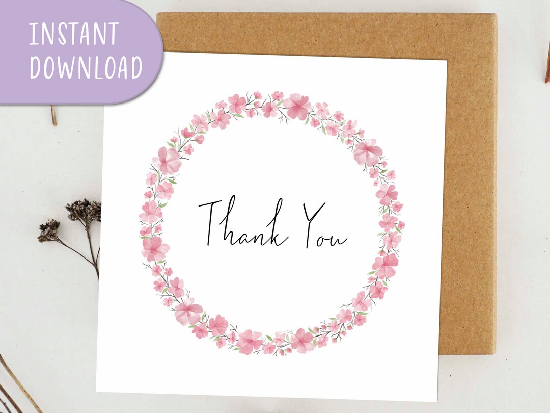Thank You Wreath Card Folded, Watercolor Cherry Blossom Greeting Card ...