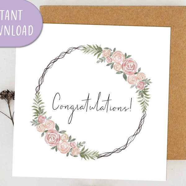 Congratulations Card, Rose Wreath Card, Congrats Card, Card for Her, Square Greeting Card, Printable Card | Digital Download