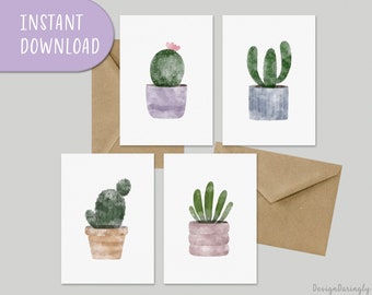 Cactus Plant Cards Set, Plant Cards, Watercolor Cactus Card, Card for Plant Mom, Greeting Card | Digital Download
