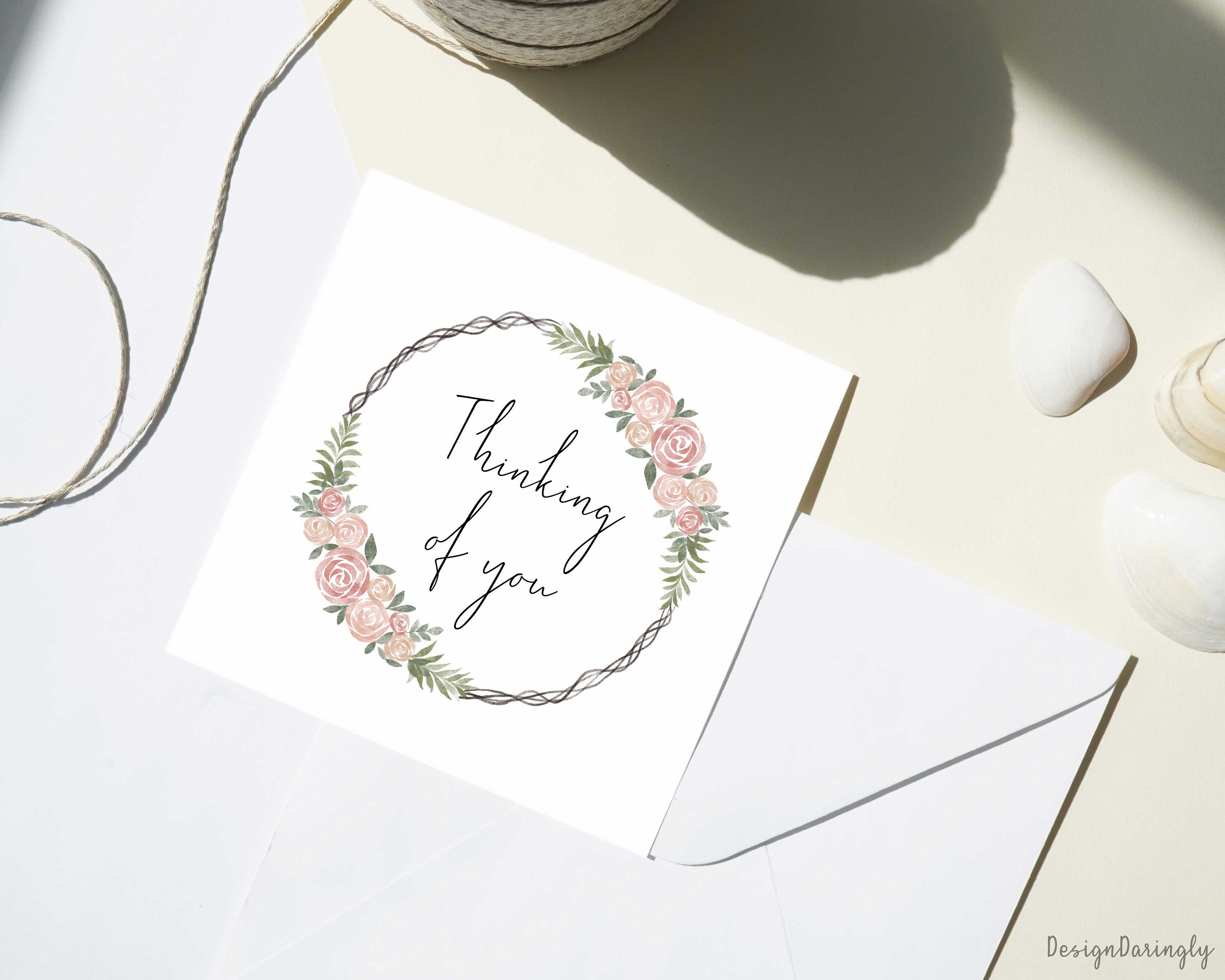 Thinking of You Wreath Card Folded, Watercolor Rose Wreath Greeting ...