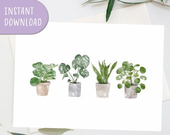 Potted Plant Set Greeting Card, Printable Greeting Card, Watercolor Indoor Plant Greeting Card | Digital Download