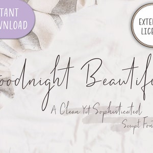 May include: A white background with a gray and white blanket. The text "Goodnight Beautiful" is written in a black script font. Below the text is the phrase "A Clean Yet Sophisticated Script Font".