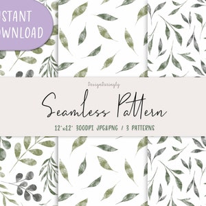 Green Leaf Foliage watercolor digital paper, Leaf seamless pattern for fabric, Leaves pattern for digital scrapbooking | Digital Download