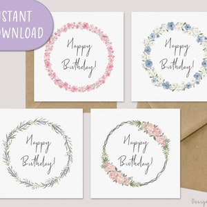 Happy Birthday Card Set, Birthday Wreath Cards, Card for Birthday Girl, Card for Celebrating, Printable Greeting Card | Digital Download