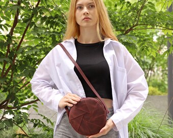 Handmade Burgundy Leather Crossbody Bag - Round Women's Handbag