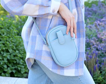 Handmade Light Blue Leather Crossbody Bag - Adjustable Strap