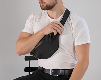 Handmade Black Leather Banana Bag: Men's Crossbody Waist Pack