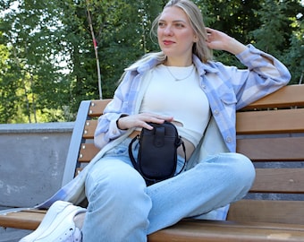 Black Leather Crossbody Bag: Handmade Flotar Handbag, Adjustable Strap
