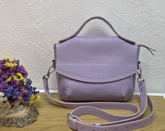 Handmade Lilac Leather Crossbody Bag: Adjustable Strap