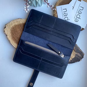 Cartera de cuero, cartera de cuero hecha a mano, cartera, cartera azul profundo