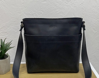 Handmade black  Leather Banana Bag: Crossbody Waist Pack