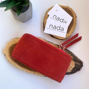 Cartera de cuero, cartera de cuero hecha a mano, billetera, billetera roja