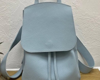 Handmade Light Blue Leather Backpack: Adjustable Straps
