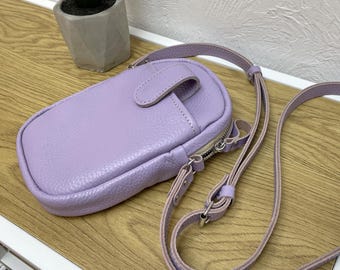 Handmade Lilac Leather Crossbody Bag - Adjustable Strap