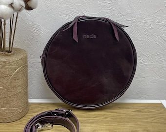 Burgundy Leather Crossbody Bag: Handmade Round Handbag