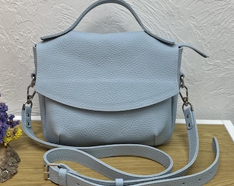 Handmade Light Blue Leather Crossbody Bag: Adjustable Strap