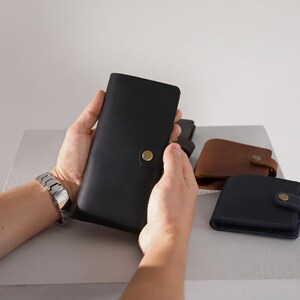 Cartera de cuero, cartera de cuero hecha a mano, billetera, billetera negra