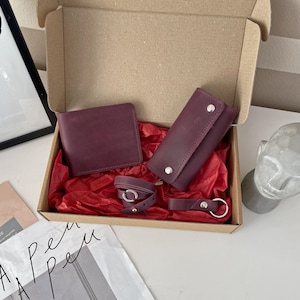 Set de regalo estándar bolso de piel, set de regalo de piel, set hecho a mano, set de regalo para mujer, set burdeos, cartera, pulsera, llavero