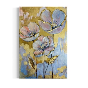 Golden Bloom Floral Painting: Textured Mixed Media Art with Gold Leaf