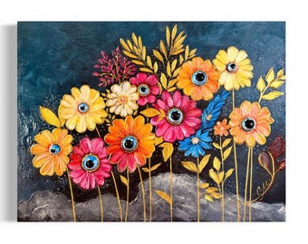 Getextureerde bloemenmuurkunst met ogen, 3D-bloemenschilderij, canvaskunst mixed media, kleurrijk botanisch decor, uniek statement muurkunst,