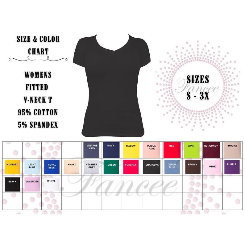 Op de afbeelding: Een zwart V-hals T-shirt met een getailleerde pasvorm, gemaakt van 95% katoen en 5% spandex. De afbeelding bevat een maat- en kleurentabel, met beschikbare kleuren zoals rood, blauw en roze, en maten S-3X.
