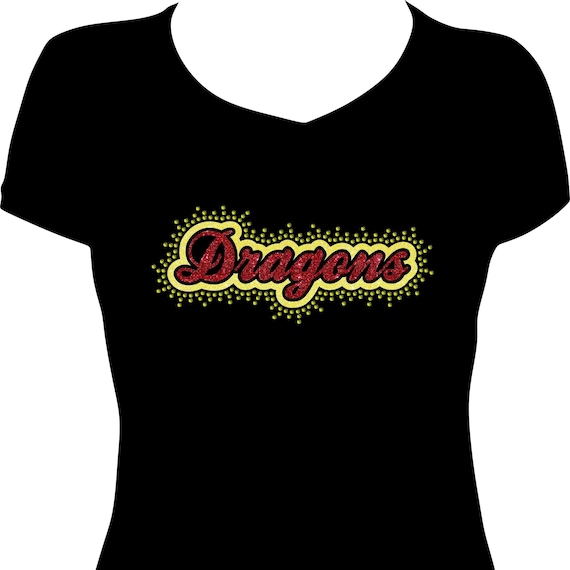 Custom Colors - Dragons Rhinestone Fitted V-Neck Tee – Glitter Spirit Shirt, Cotton Blend