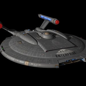 May include: A grey spaceship with a rounded, saucer-shaped body and two long, thin wings. The spaceship has a blue light on the top and the text "NX-01 ENTERPRISE" on the bottom.