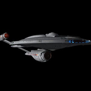 May include: A white and grey spaceship with a red and orange engine. The spaceship has a large, flat saucer section and a smaller, cylindrical section.