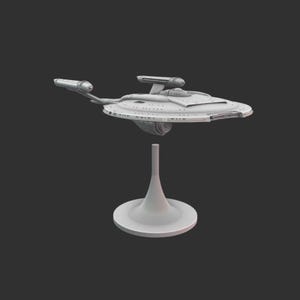 May include: A light grey model starship, with a saucer-shaped primary hull, two warp nacelles, and a secondary hull. The model is mounted on a white stand, against a dark grey background.